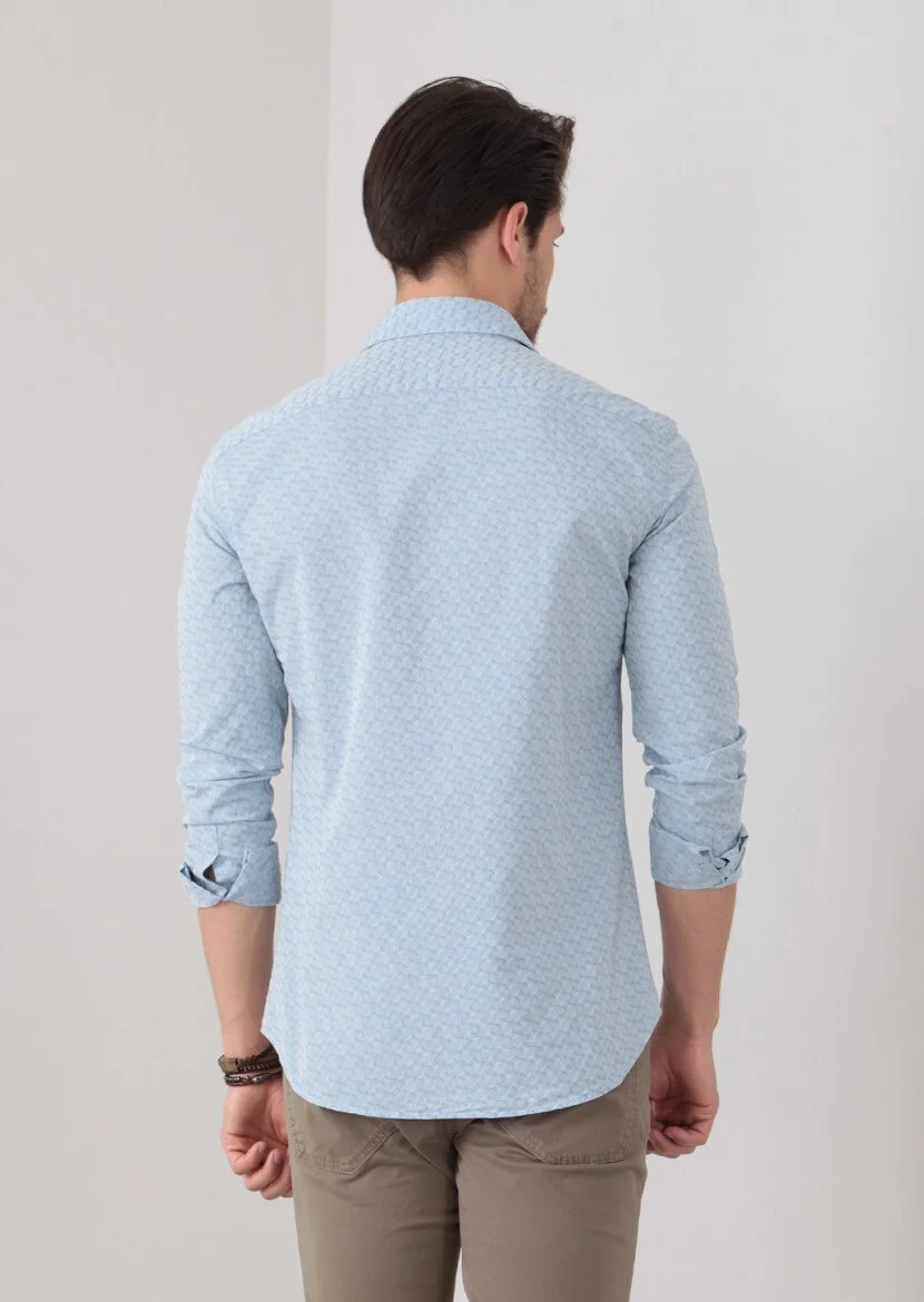Mavi Desenli Fitted Fit Dokuma Casual %100 Pamuk Gömlek - 4