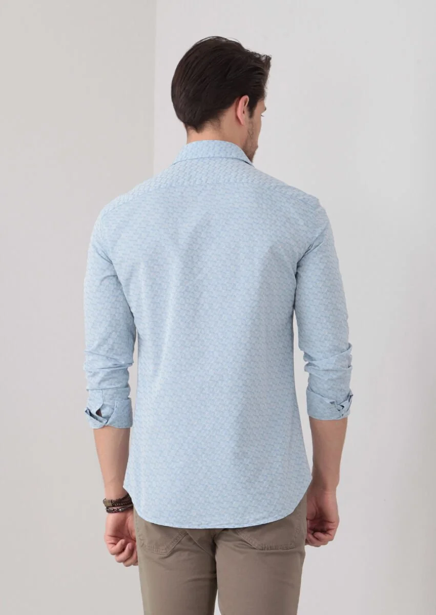 Mavi Desenli Fitted Fit Dokuma Casual %100 Pamuk Gömlek - 4