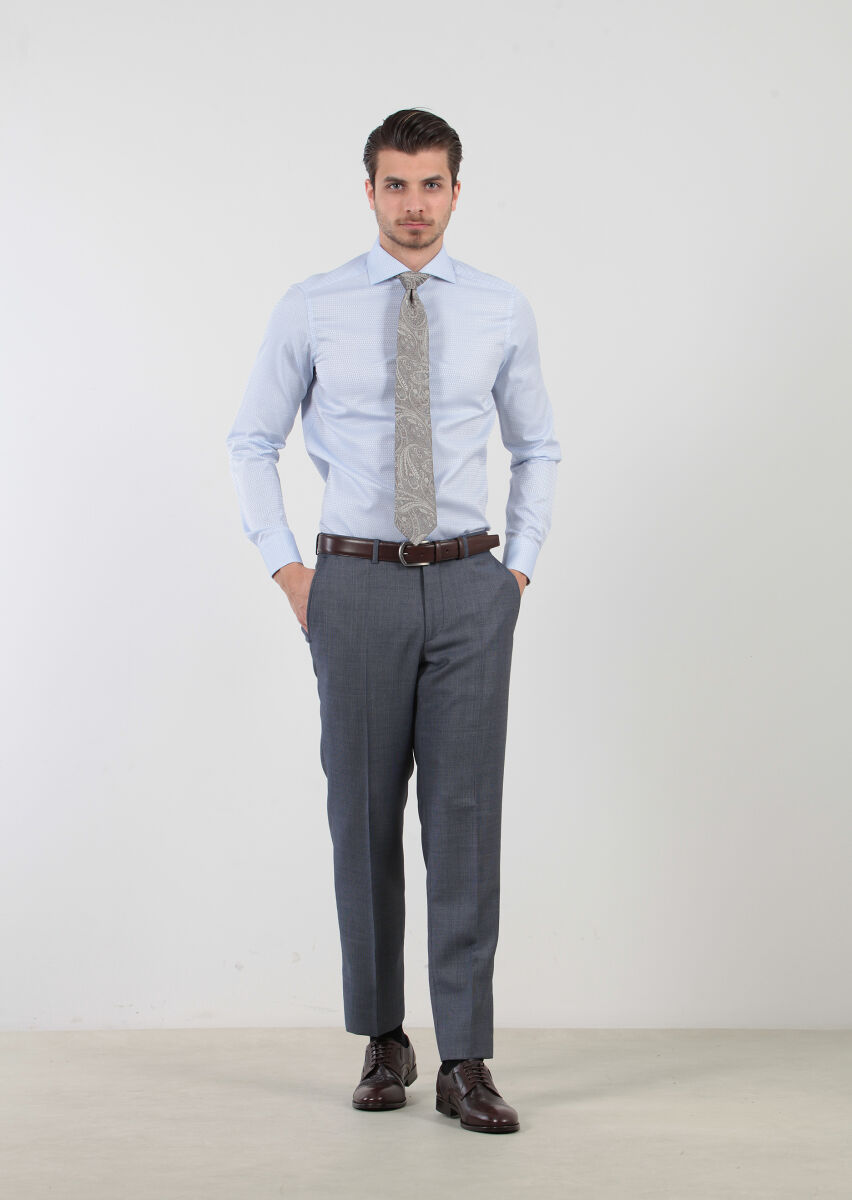 Mavi Desenli Regular Fit Uzun Dokuma Klasik %100 Pamuk Gömlek - 1