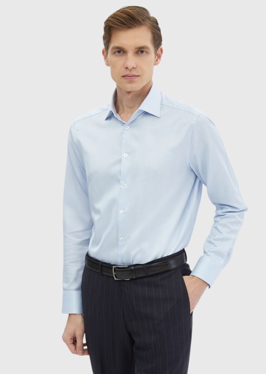 Mavi Desenli Regular Fit Uzun Dokuma Klasik %100 Pamuk Gömlek - 1
