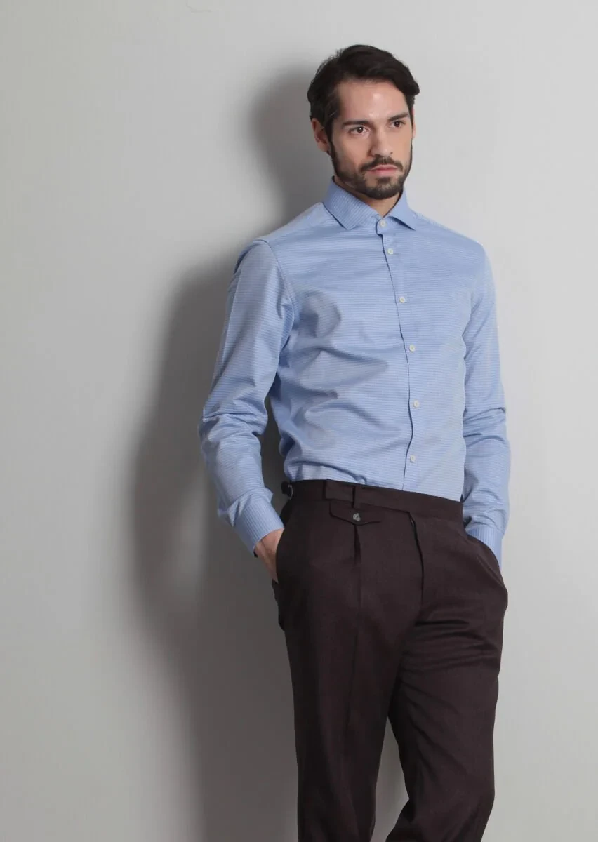 Mavi Desenli Slim Fit Dokuma Klasik %100 Pamuk Gömlek - 3