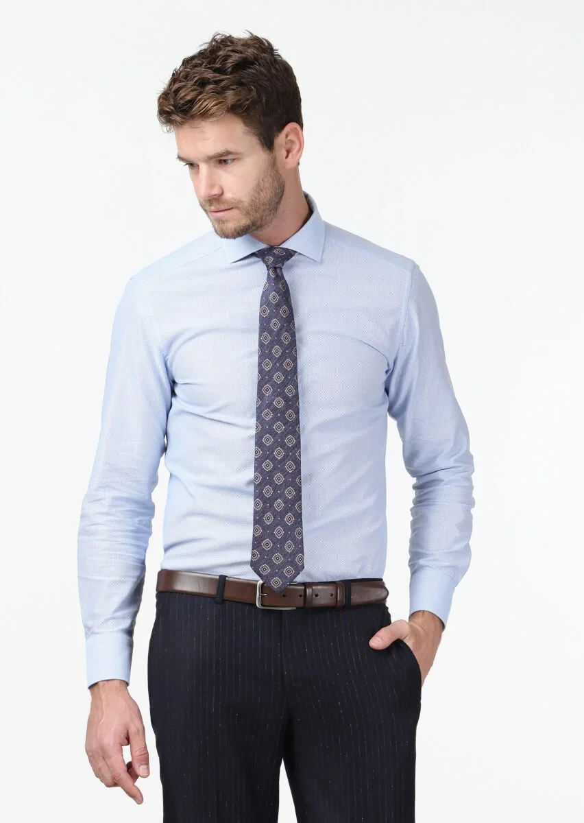 Mavi Desenli Slim Fit Dokuma Klasik %100 Pamuk Gömlek - 1
