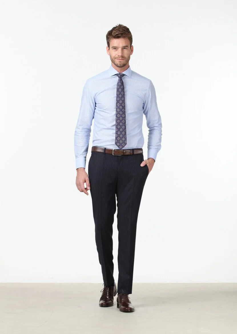 Mavi Desenli Slim Fit Dokuma Klasik %100 Pamuk Gömlek - 2