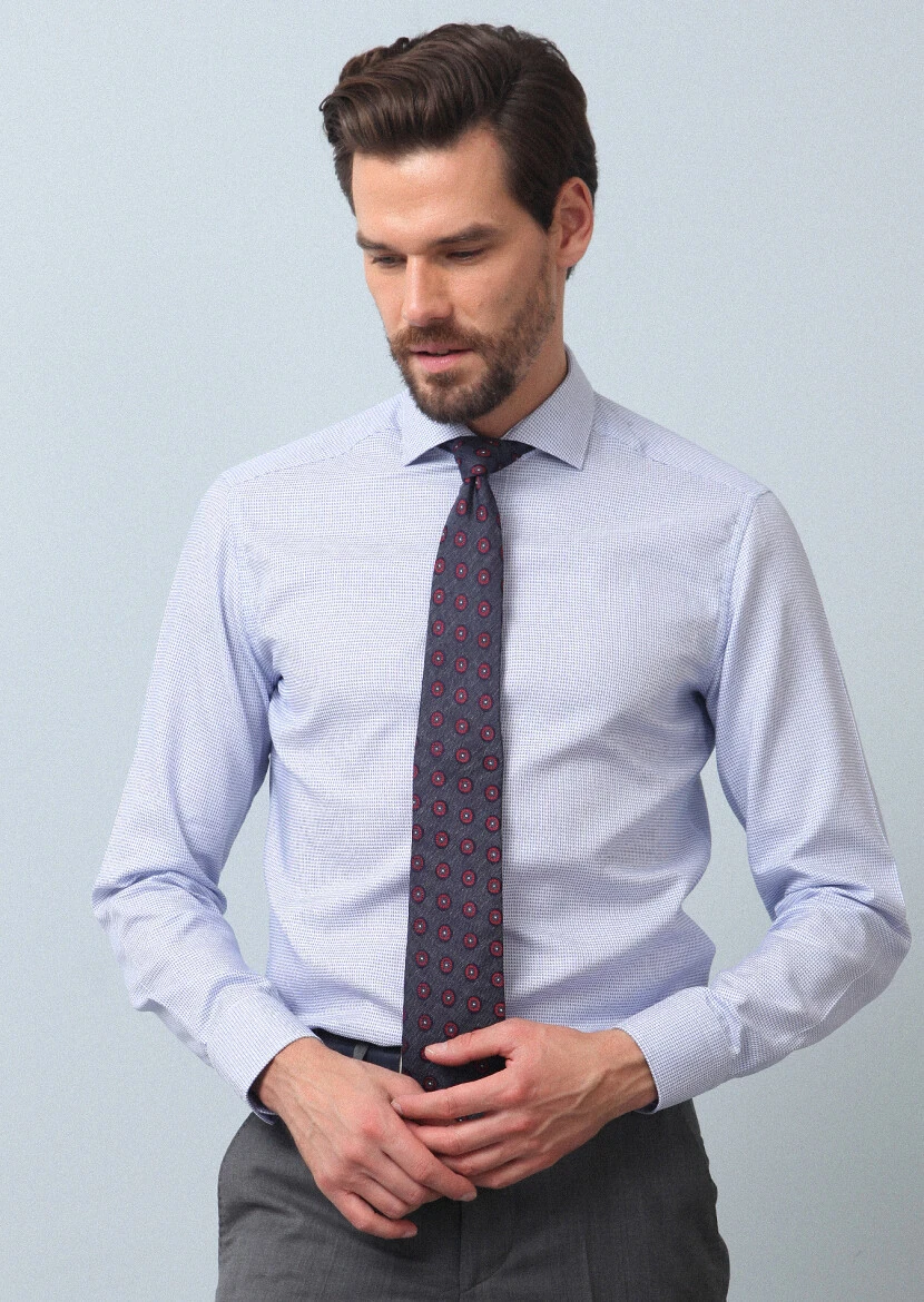 Mavi Desenli Slim Fit Dokuma Klasik %100 Pamuk Gömlek - 6