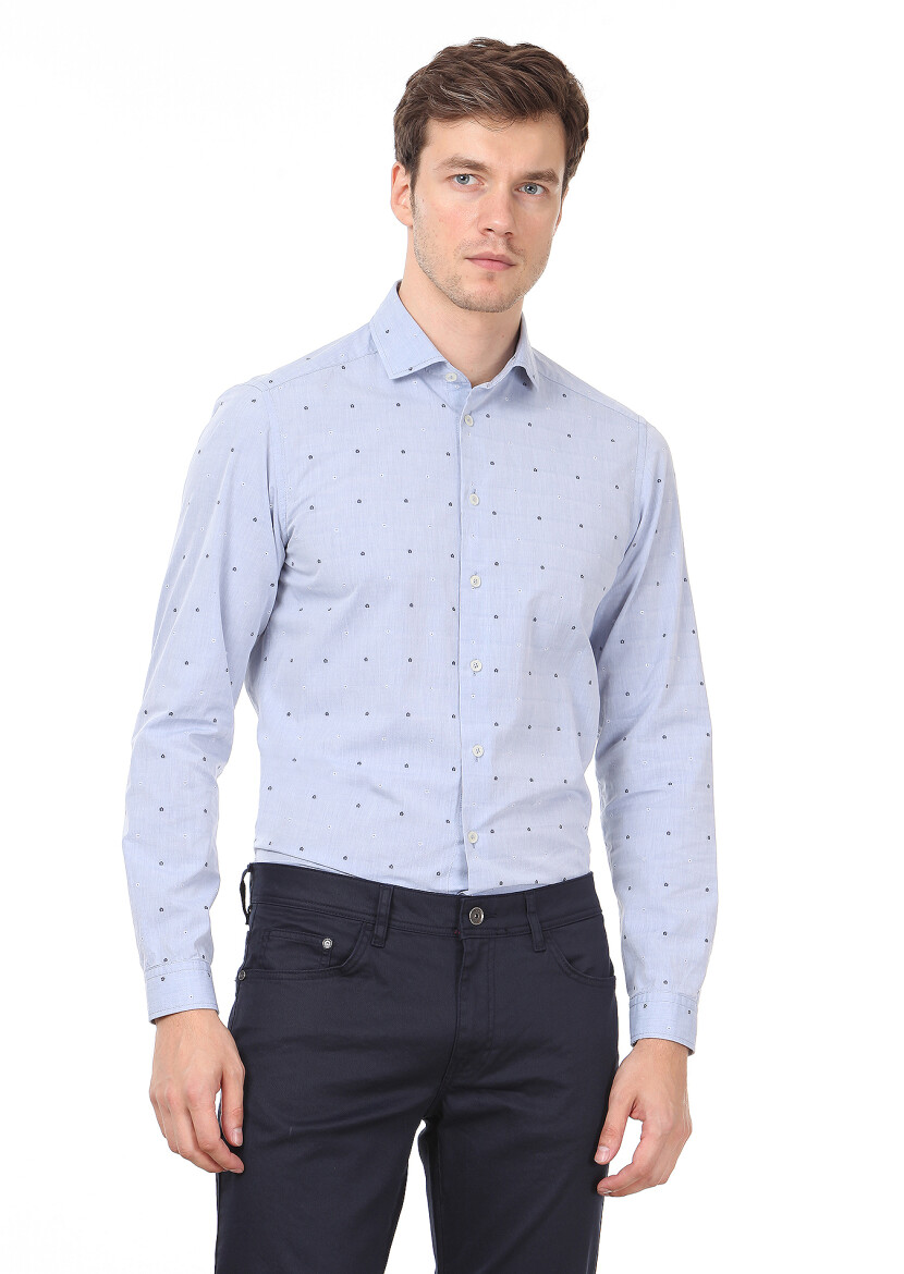 Mavi Desenli Slim Fit Uzun Dokuma Casual %100 Pamuk Gömlek - 1