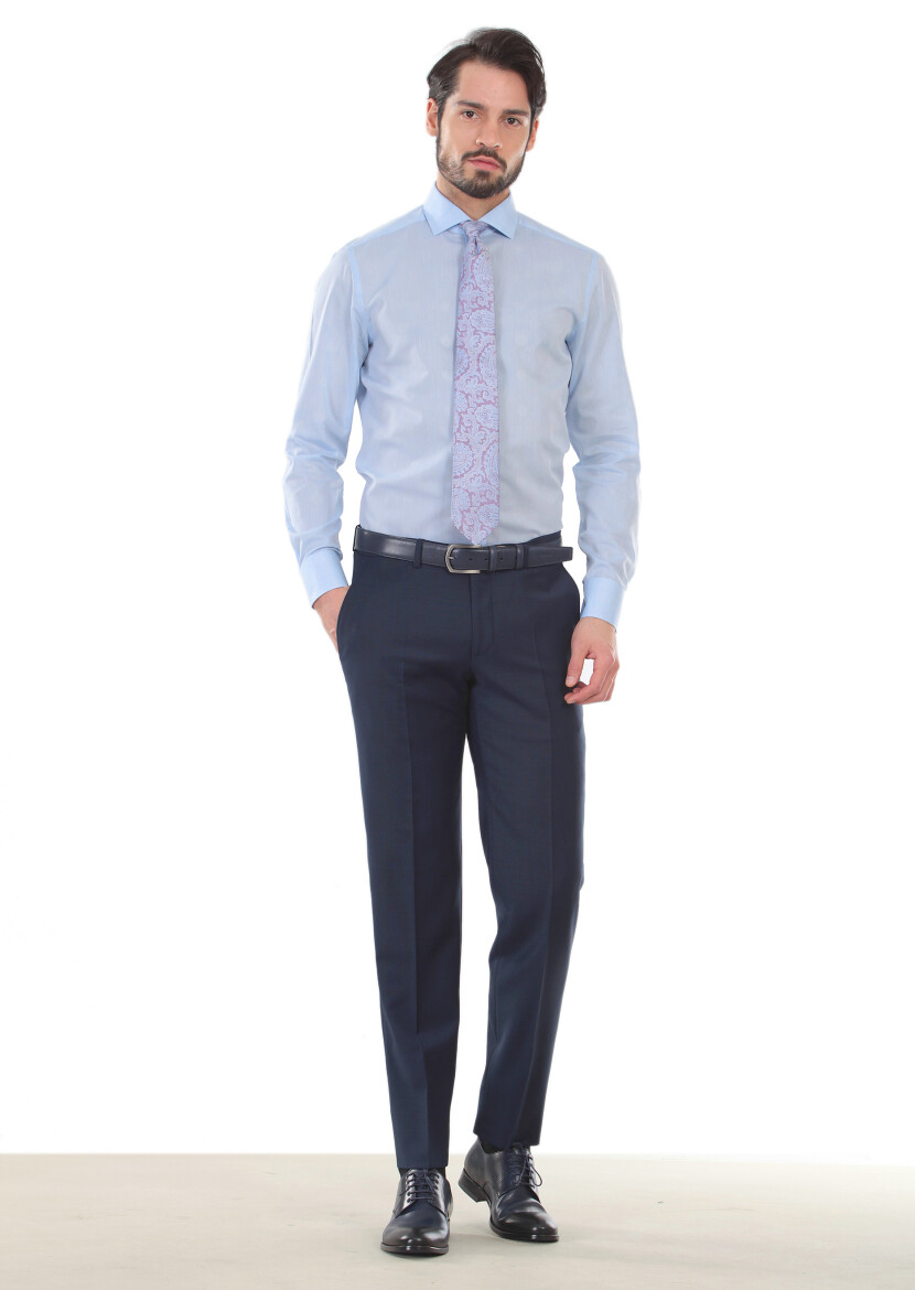 Mavi Desenli Slim Fit Uzun Dokuma Klasik %100 Pamuk Gömlek - 1