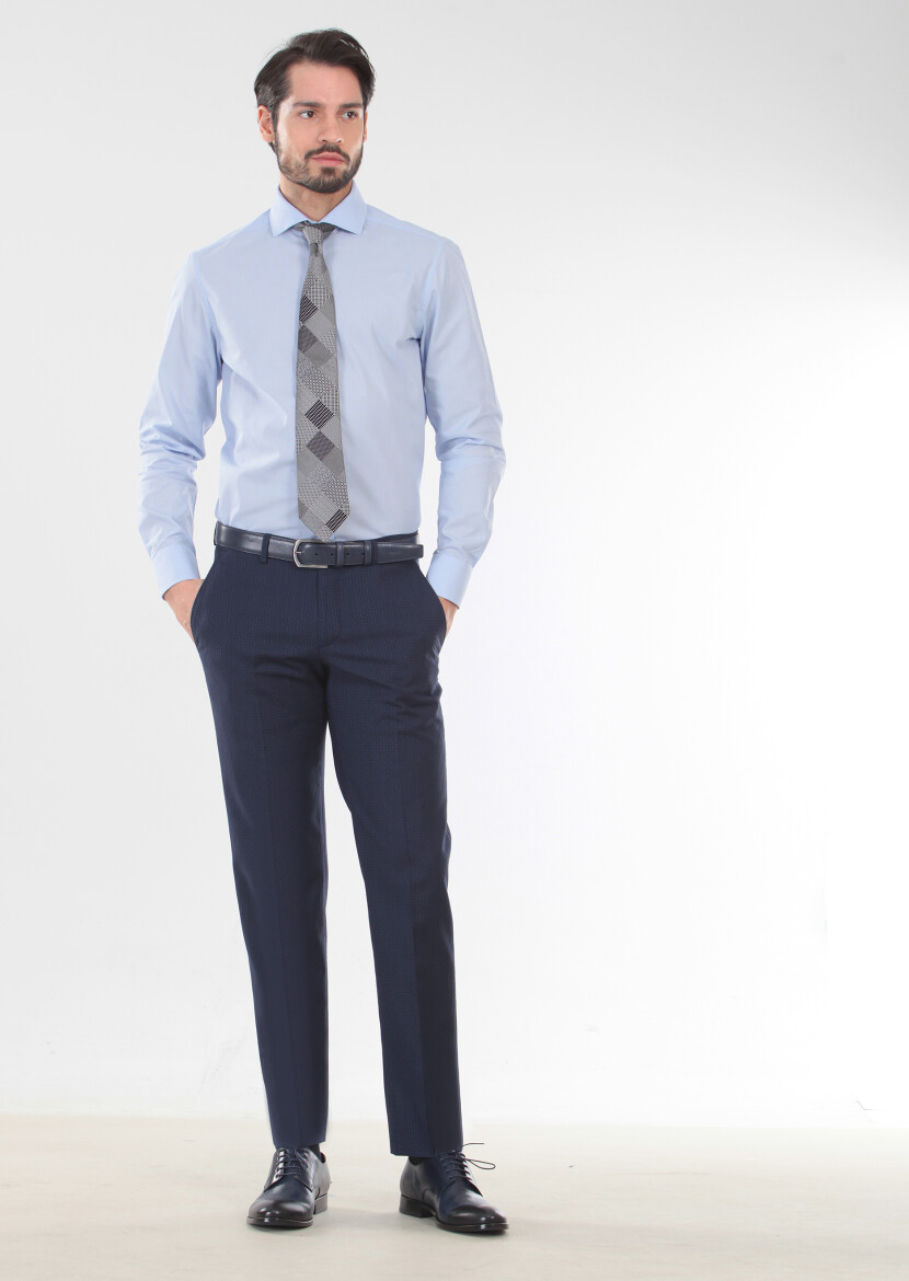 Mavi Desenli Slim Fit Uzun Dokuma Klasik %100 Pamuk Gömlek - 1