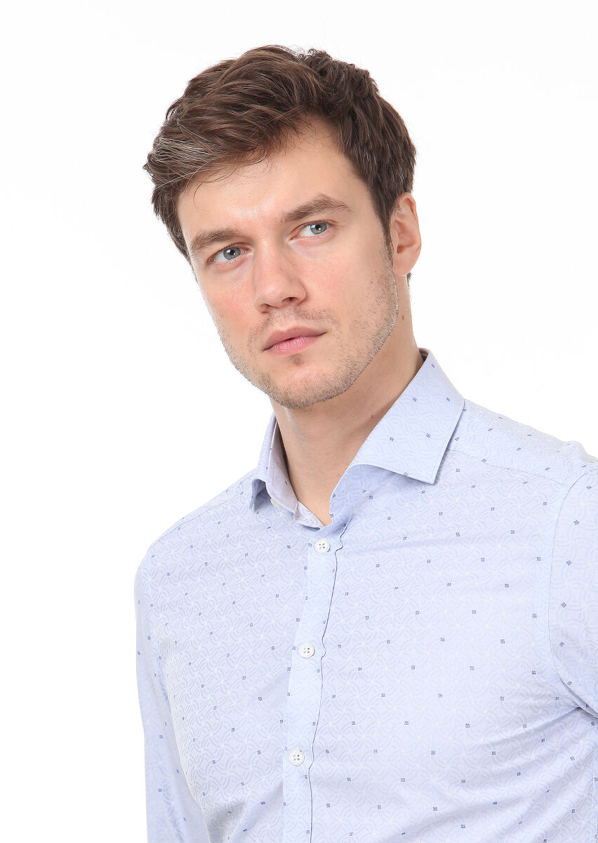 Mavi Desenli Slim Fit Uzun Dokuma Klasik %100 Pamuk Gömlek - 2