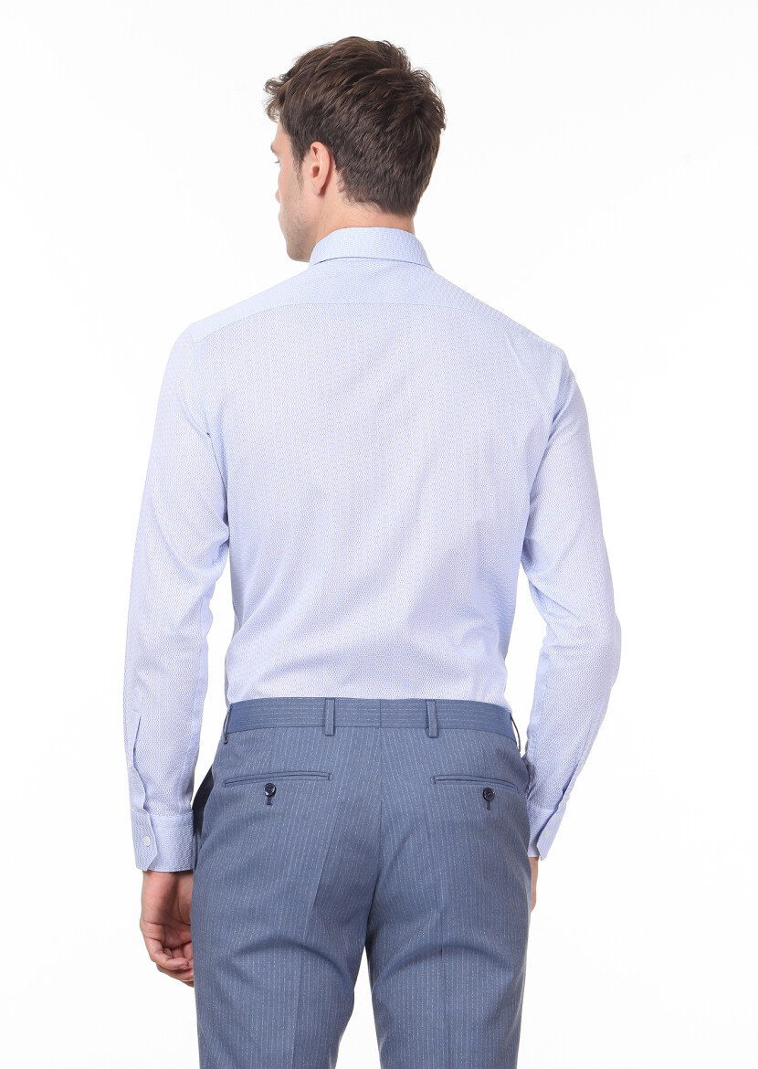 Mavi Desenli Slim Fit Uzun Dokuma Klasik %100 Pamuk Gömlek - 4