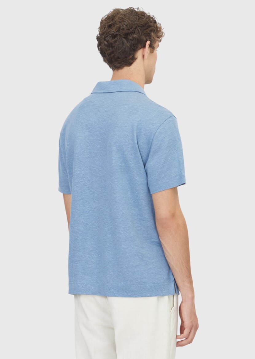 Mavi Düz %100 Keten T-Shirt - 4