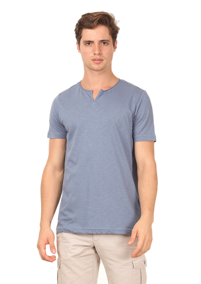 Mavi Düz %100 Pamuk T-Shirt - 1