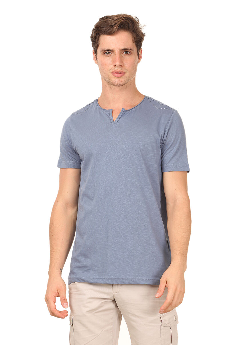 Mavi Düz %100 Pamuk T-Shirt - 1