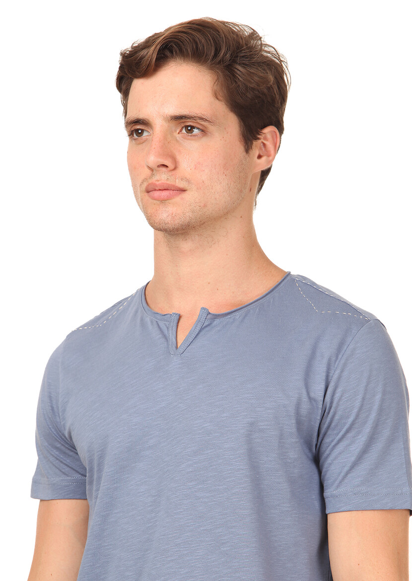 Mavi Düz %100 Pamuk T-Shirt 