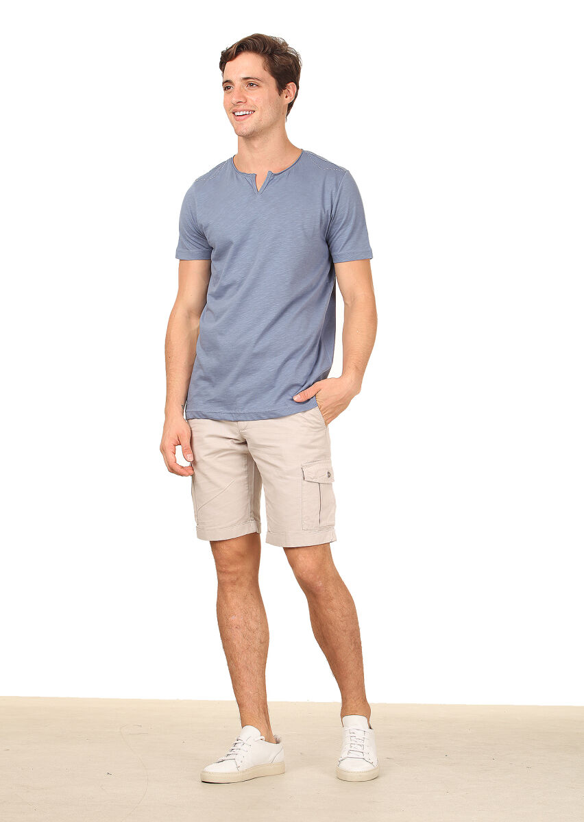 Mavi Düz %100 Pamuk T-Shirt - 3