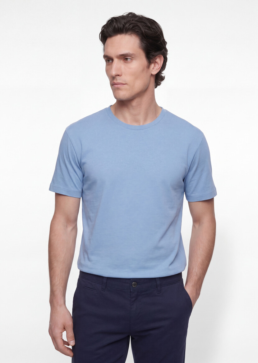 Mavi Düz %100 Pamuk T-Shirt - 3