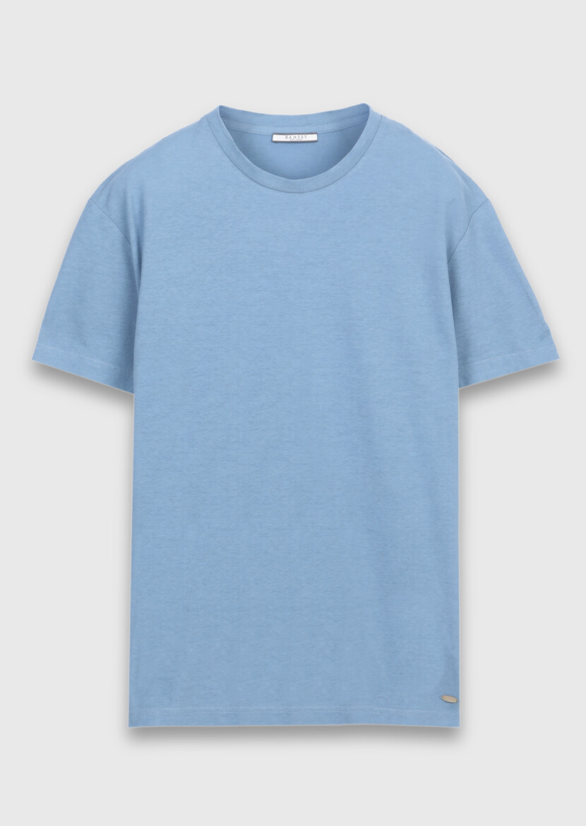 Mavi Düz %100 Pamuk T-Shirt - 5