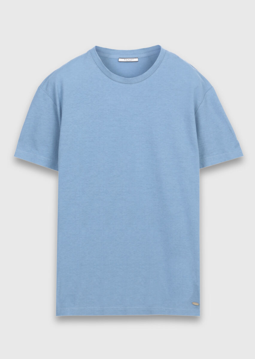 Mavi Düz %100 Pamuk T-Shirt - 5