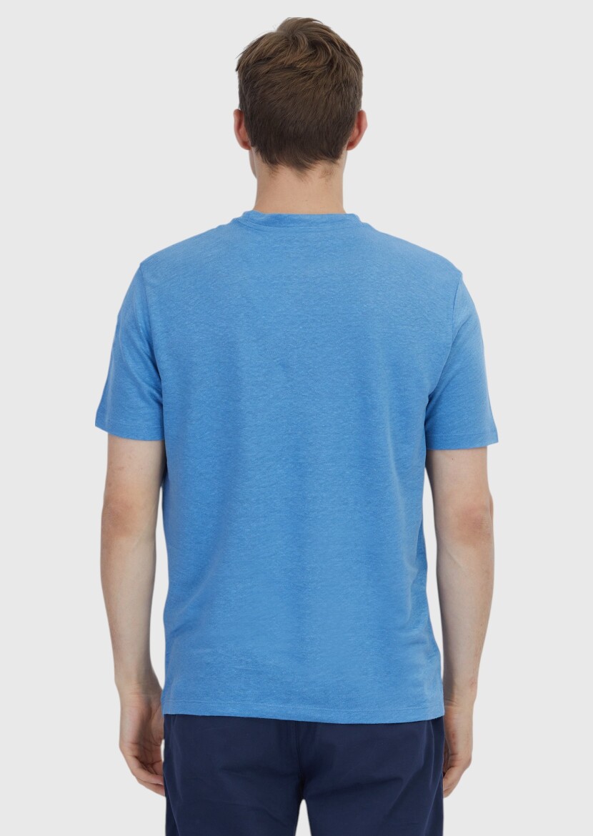 Mavi Düz Bisiklet Yaka %100 Keten T-Shirt - 5