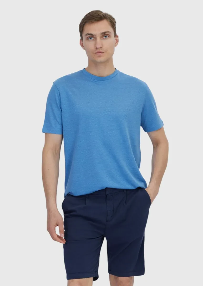 Mavi Düz Bisiklet Yaka %100 Keten T-Shirt - 1