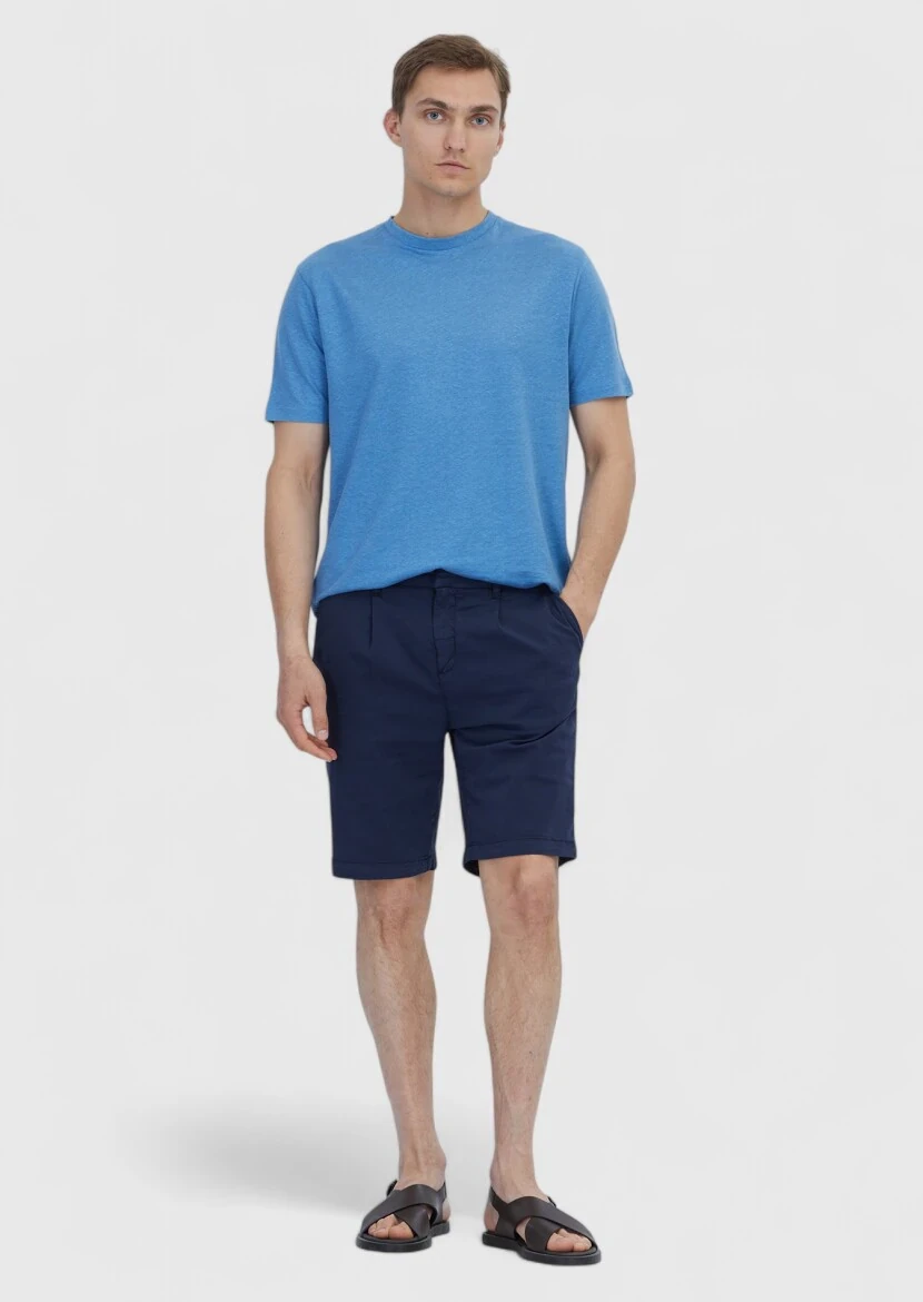 Mavi Düz Bisiklet Yaka %100 Keten T-Shirt 