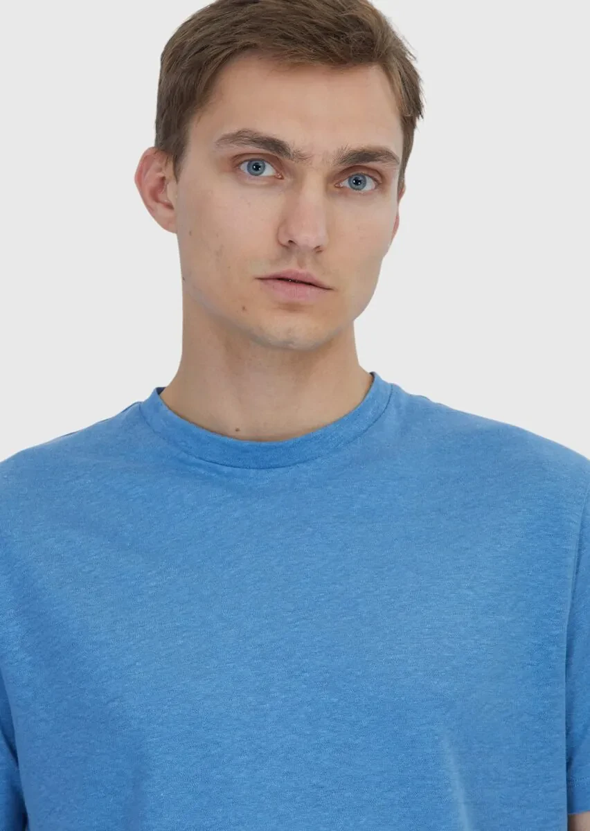Mavi Düz Bisiklet Yaka %100 Keten T-Shirt - 3