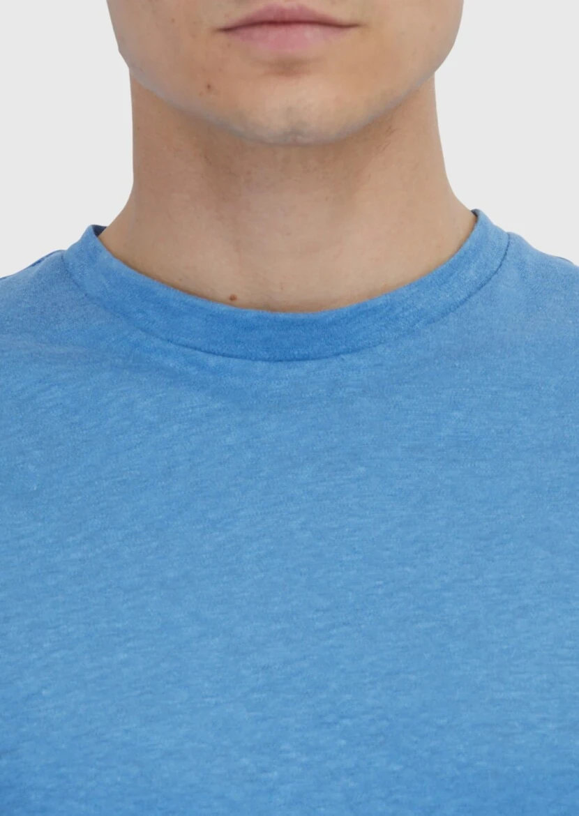 Mavi Düz Bisiklet Yaka %100 Keten T-Shirt - 4