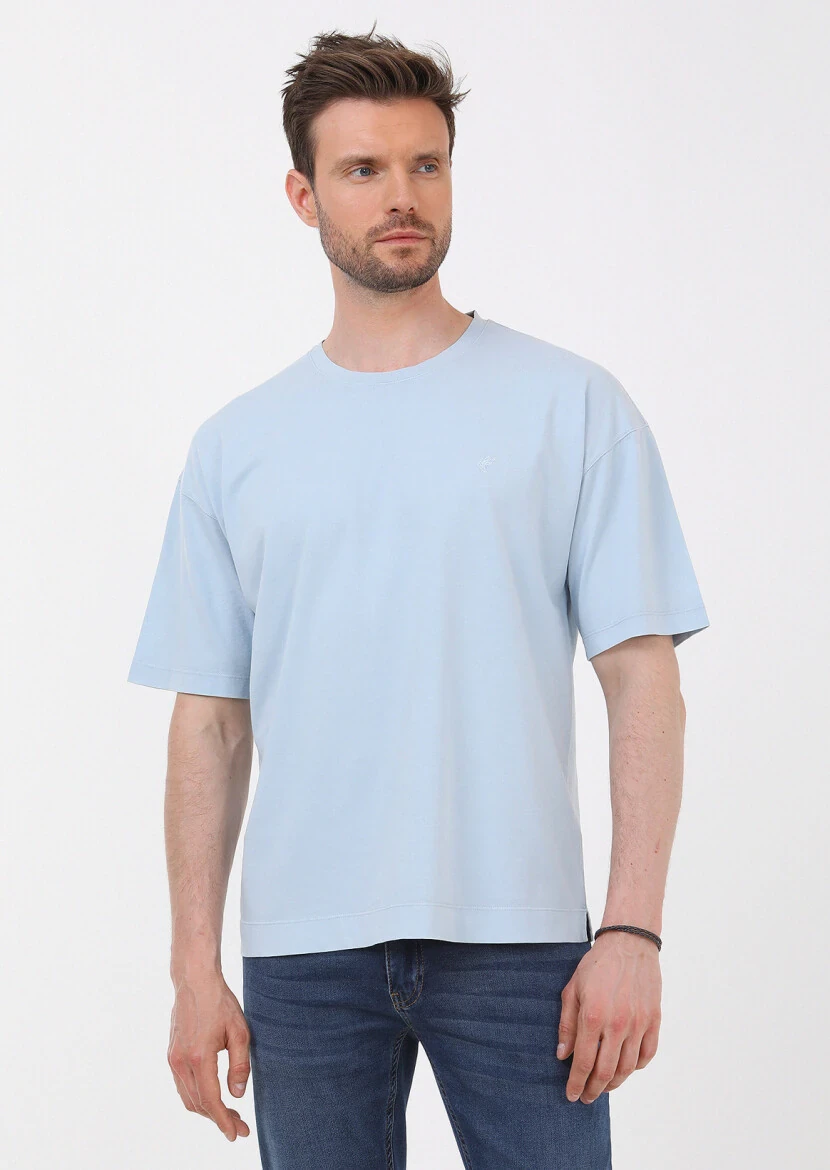 Mavi Düz Bisiklet Yaka %100 Pamuk T-Shirt - 1
