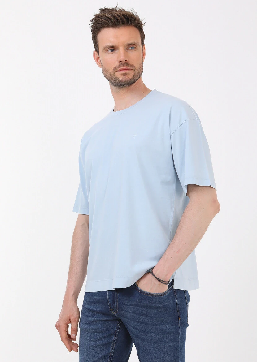 Mavi Düz Bisiklet Yaka %100 Pamuk T-Shirt - 3