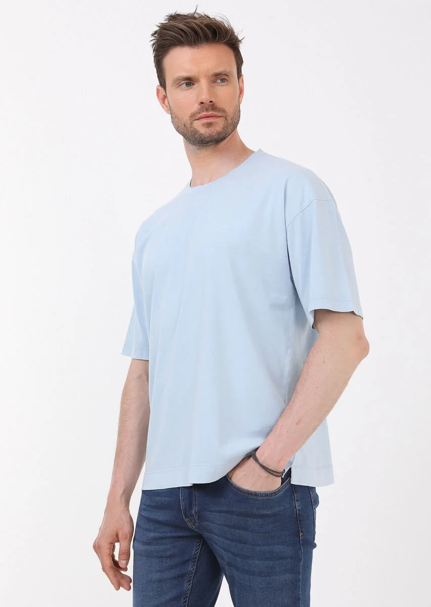 Mavi Düz Bisiklet Yaka %100 Pamuk T-Shirt - 3