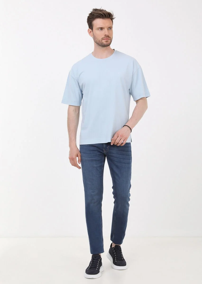 Mavi Düz Bisiklet Yaka %100 Pamuk T-Shirt - 4