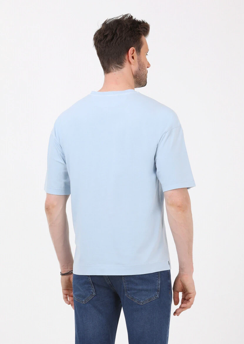 Mavi Düz Bisiklet Yaka %100 Pamuk T-Shirt - 5