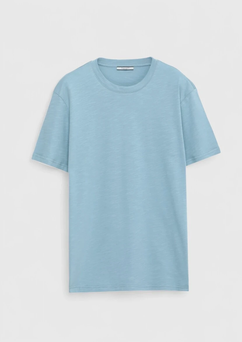 Mavi Düz Bisiklet Yaka %100 Pamuk T-Shirt 