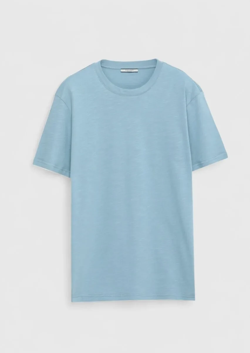 Mavi Düz Bisiklet Yaka %100 Pamuk T-Shirt - 1