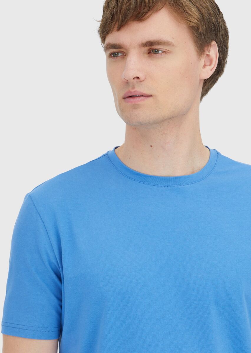 Mavi Düz Bisiklet Yaka Pamuk Karışımlı T-Shirt - 3