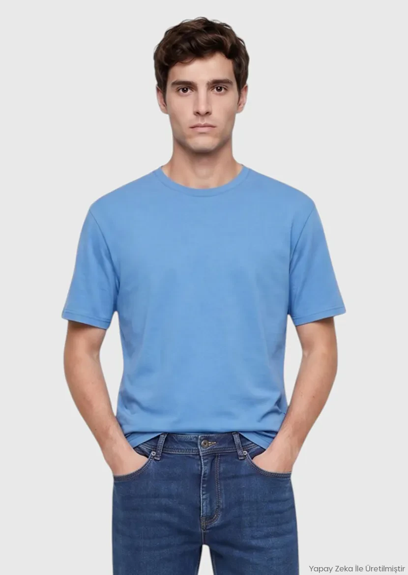 Mavi Düz Bisiklet Yaka Pamuk Karışımlı T-Shirt - RAMSEY