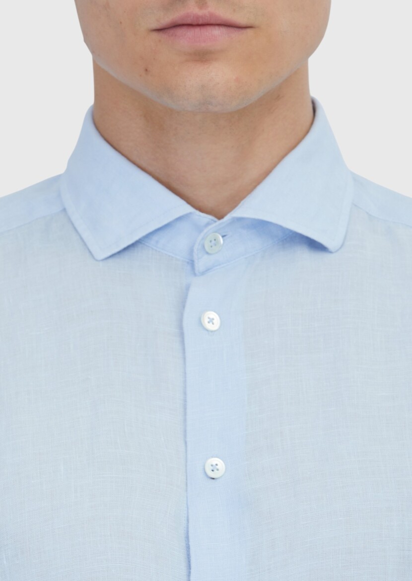 Mavi Düz Casual Fit Dokuma Casual %100 Keten Gömlek - 5