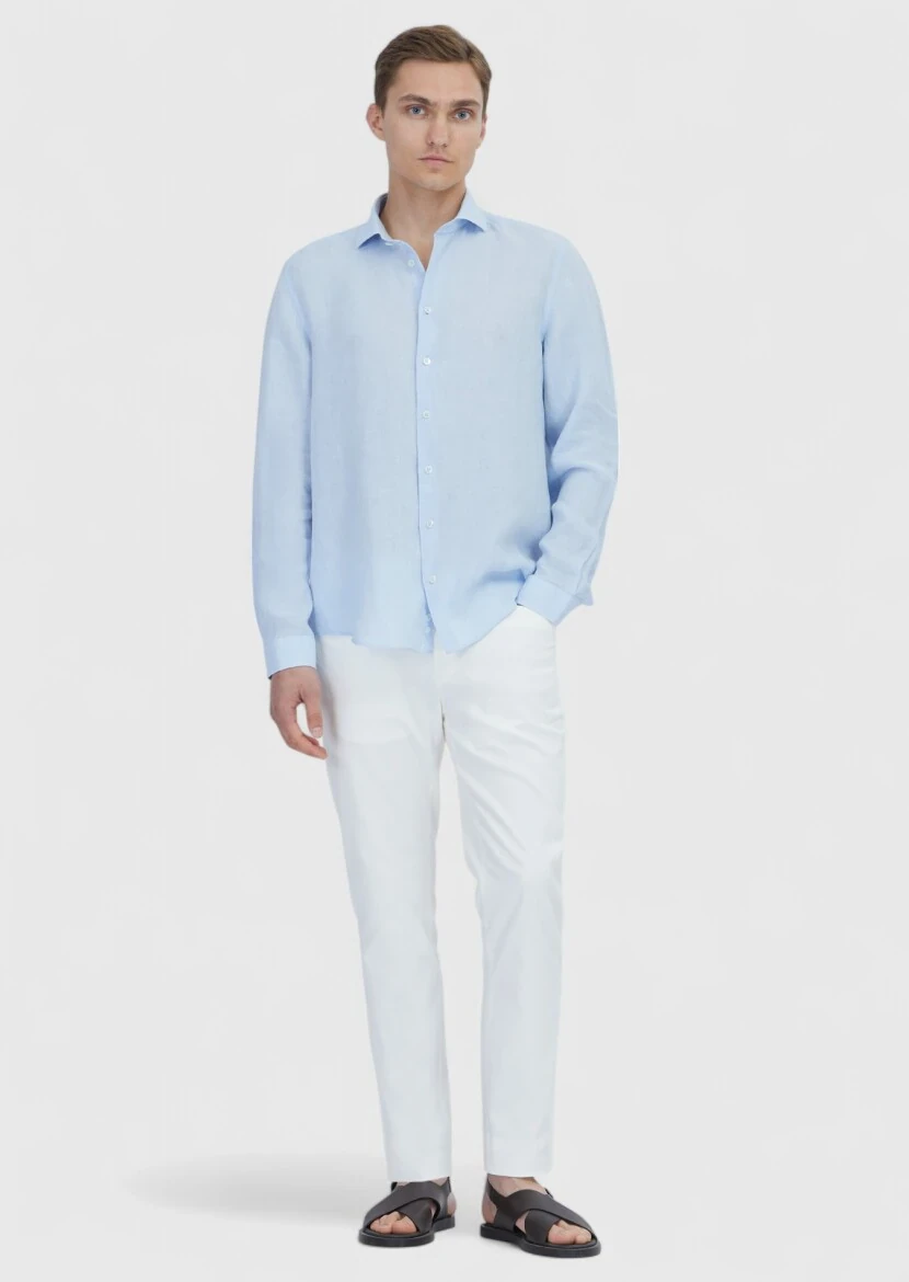 Mavi Düz Casual Fit Dokuma Casual %100 Keten Gömlek 