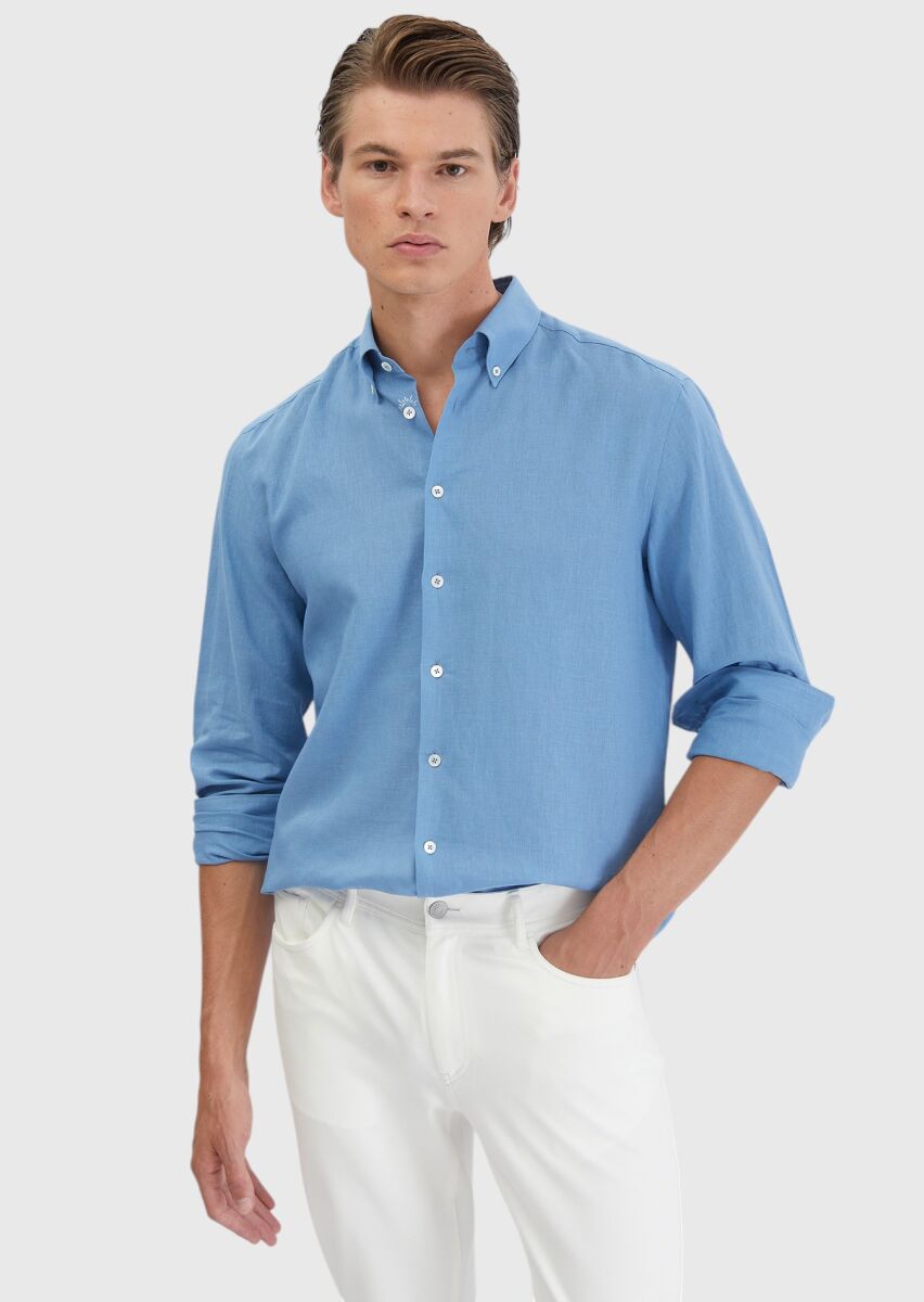 Mavi Düz Casual Fit Dokuma Casual Pamuk Karışımlı Gömlek - 1