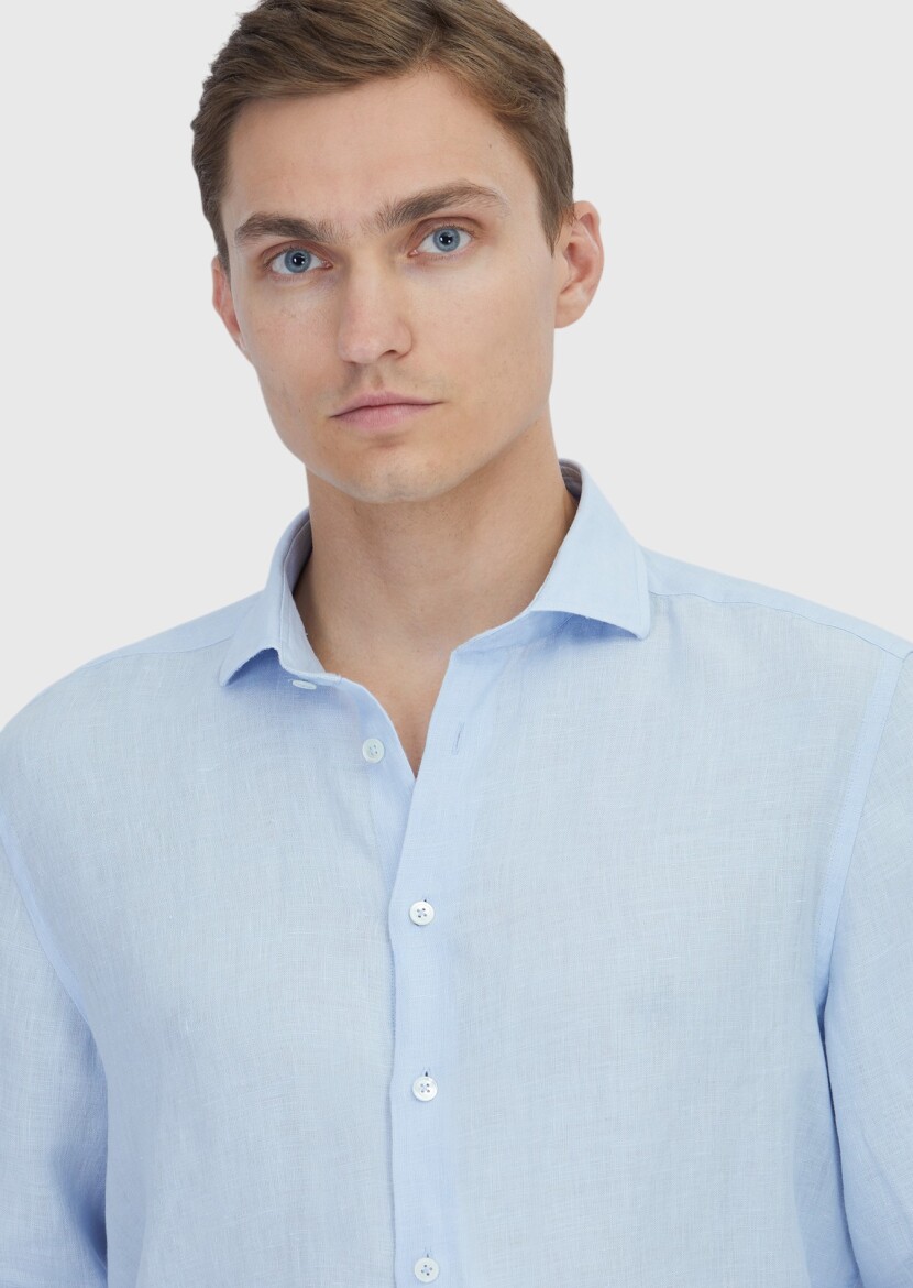 Mavi Düz Casual Fit Uzun Dokuma Casual %100 Keten Gömlek - 3