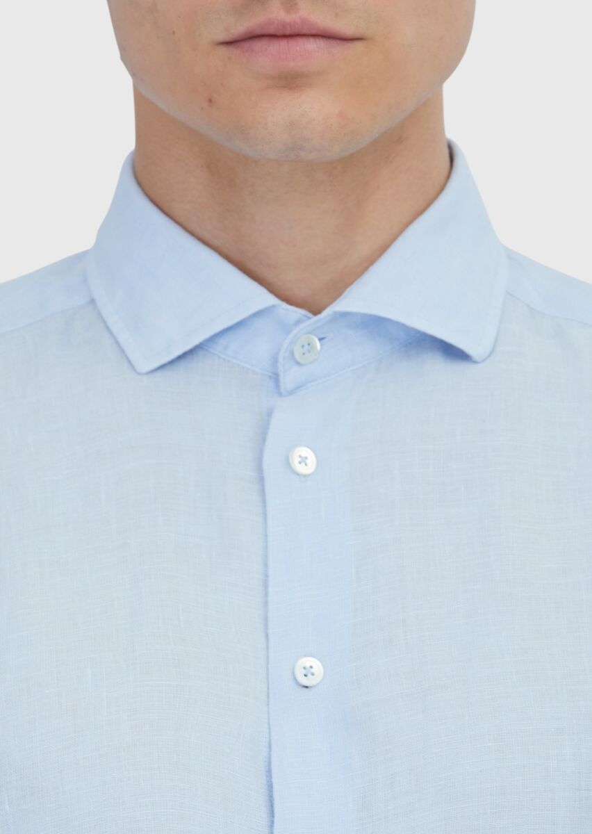 Mavi Düz Casual Fit Uzun Dokuma Casual %100 Keten Gömlek - 5