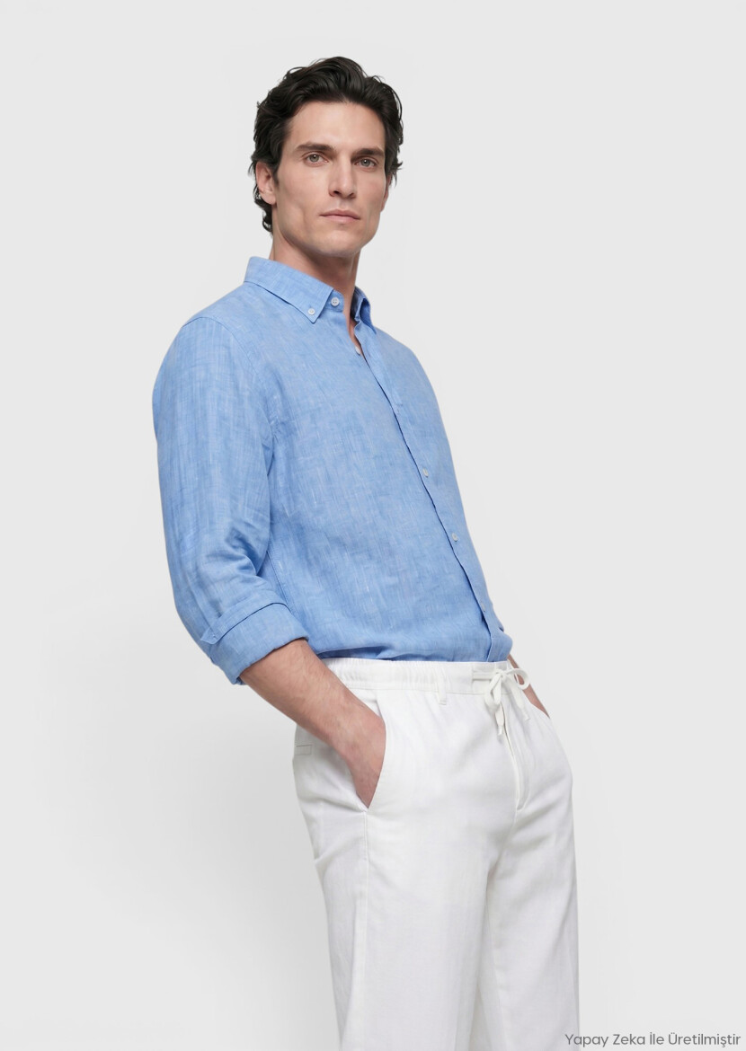 Mavi Düz Casual Fit Uzun Dokuma Casual %100 Keten Gömlek - RAMSEY