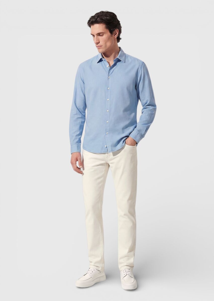 Mavi Düz Casual Fit Uzun Dokuma Casual %100 Pamuk Gömlek - 3