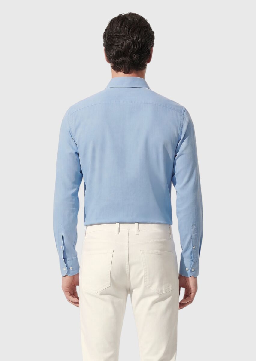 Mavi Düz Casual Fit Uzun Dokuma Casual %100 Pamuk Gömlek - 4