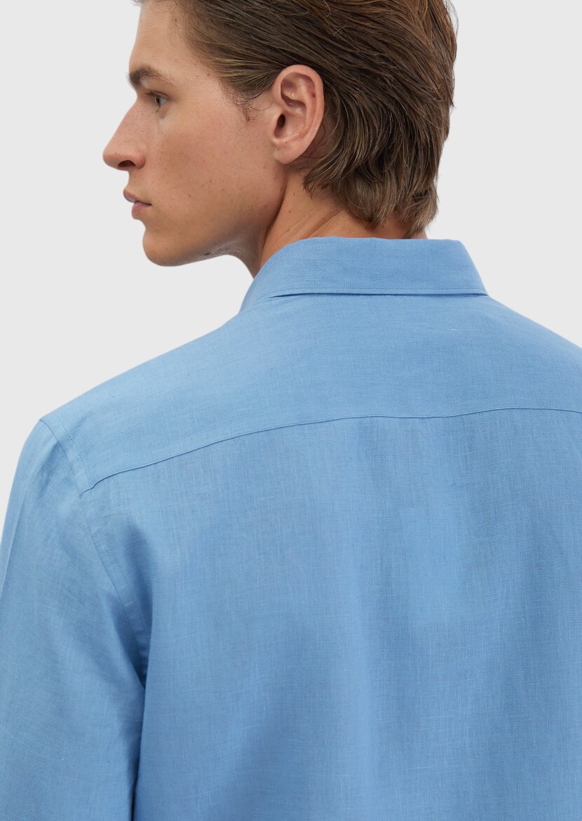 Mavi Düz Casual Fit Uzun Dokuma Casual Pamuk Karışımlı Gömlek - 6