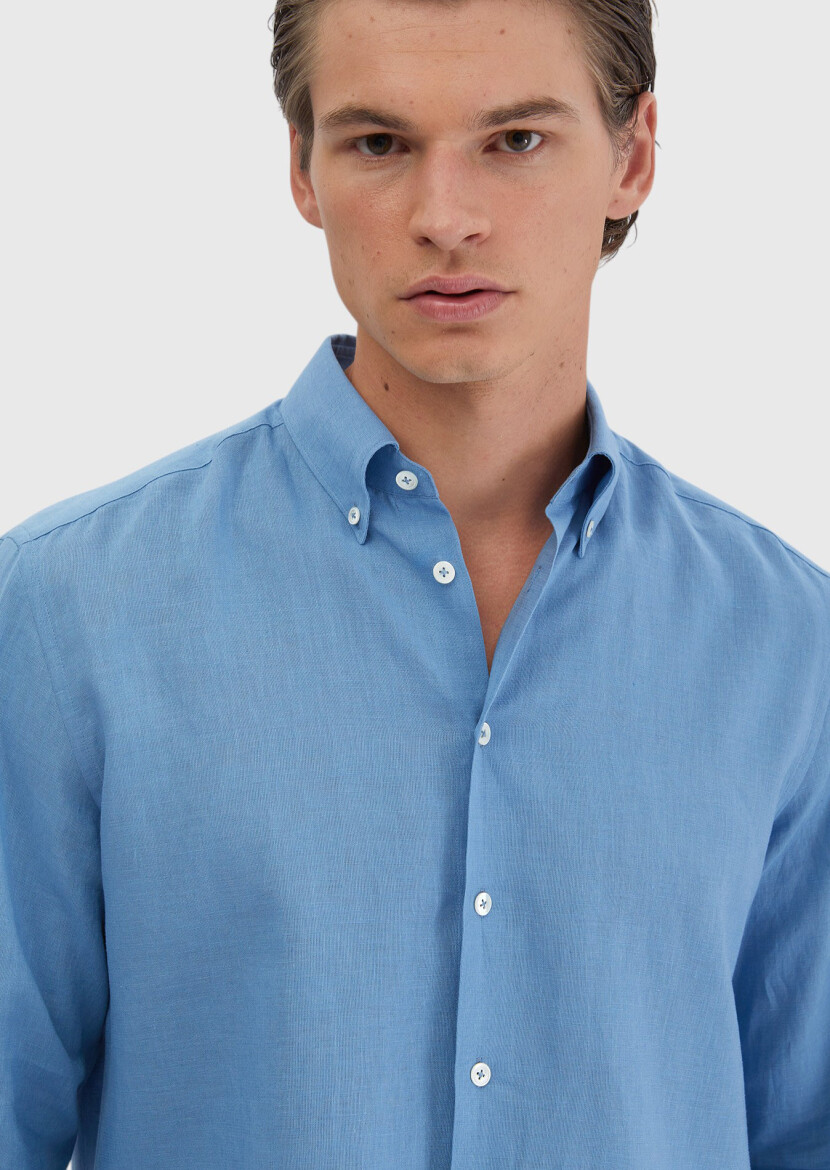 Mavi Düz Casual Fit Uzun Dokuma Casual Pamuk Karışımlı Gömlek - 4