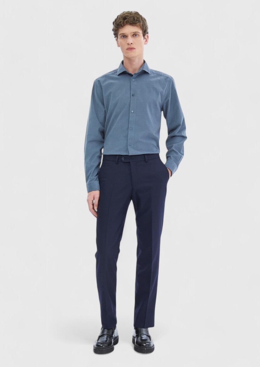 Mavi Düz Casual Fit Uzun Dokuma Kadife Casual %100 Pamuk Gömlek 