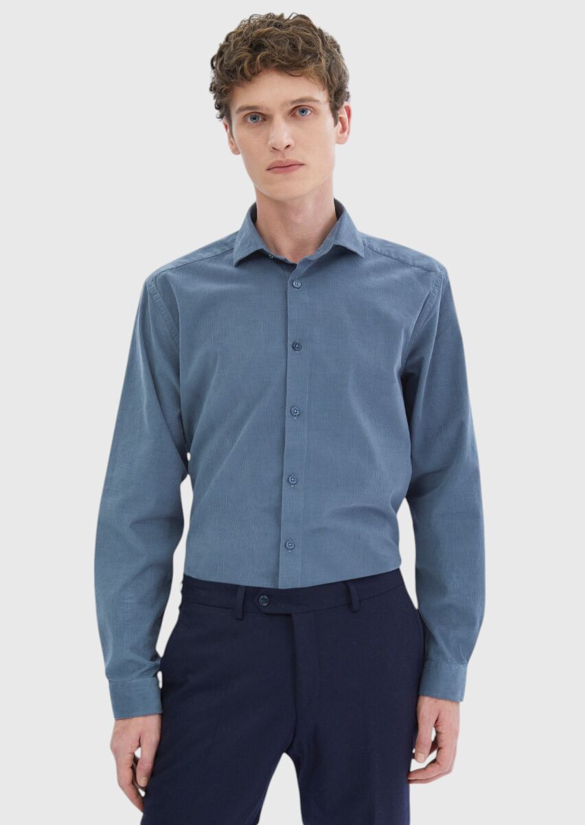 Mavi Düz Casual Fit Uzun Dokuma Kadife Casual %100 Pamuk Gömlek - 3