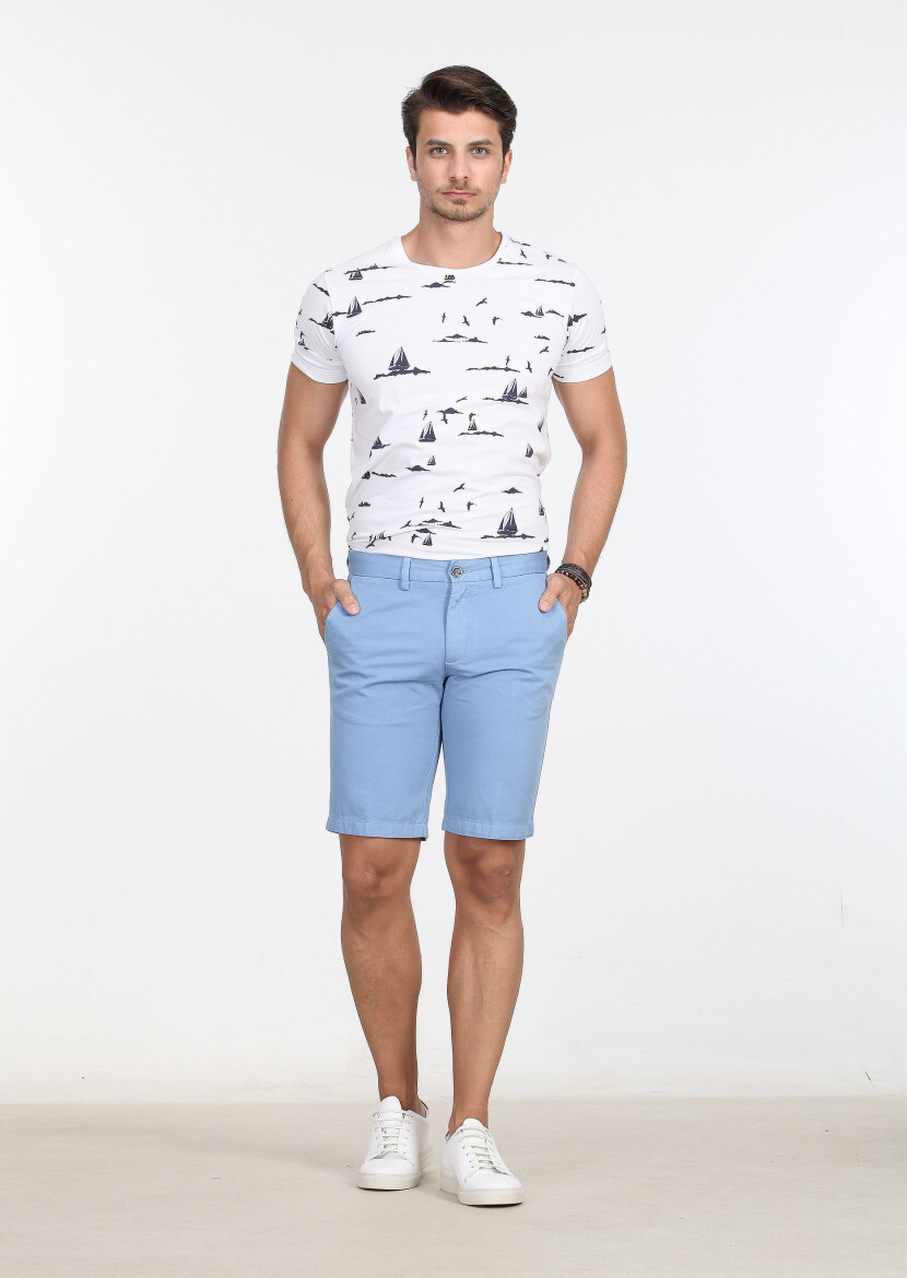 Mavi Düz Dokuma Regular Fit Casual Pamuk Karışımlı Bermuda - 1