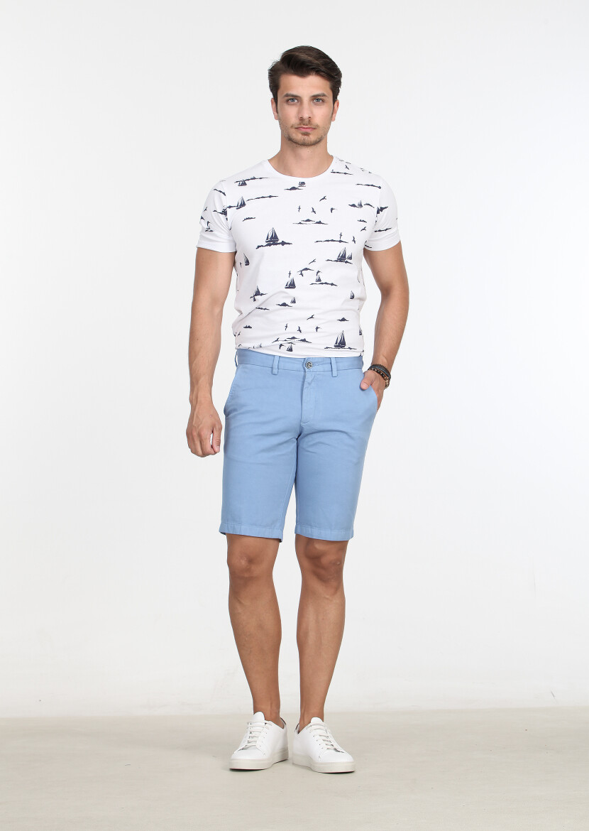 Mavi Düz Dokuma Regular Fit Casual Pamuk Karışımlı Bermuda 