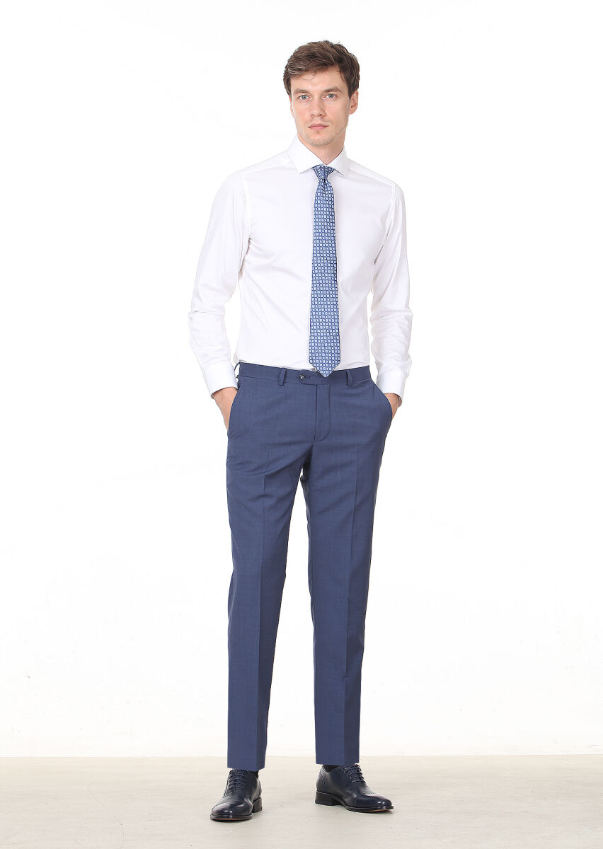 Mavi Düz Dokuma Regular Fit Klasik %100 Yün Pantolon - 1